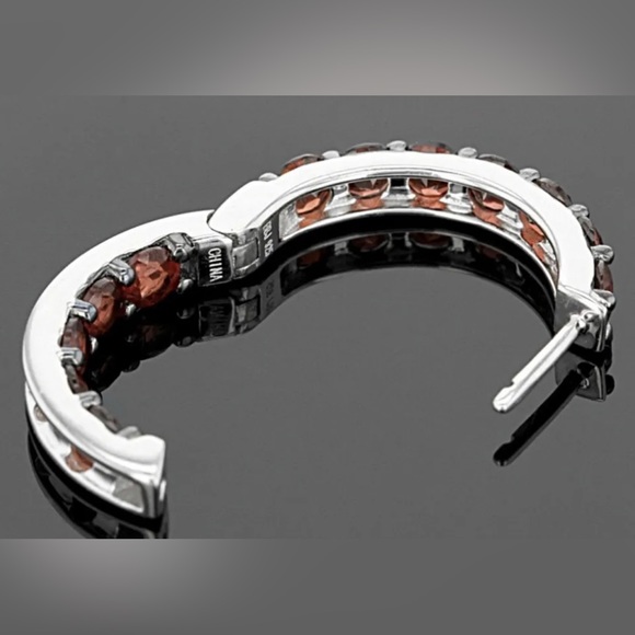 925 Silver Platinum Rhodium Plated Natural Red Garnet Hoop Earrings 6.57 CTW - Picture 4 of 5